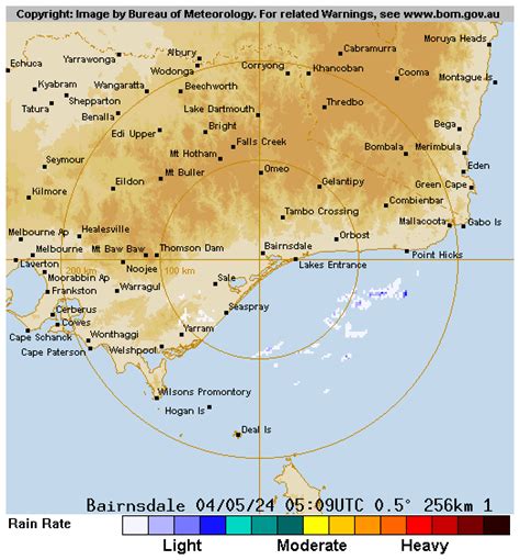 Bairnsdale radar loop 256  Also details how to interpret the radar images and information on subscribing to further enhanced radar information services available from the Bureau of Meteorology